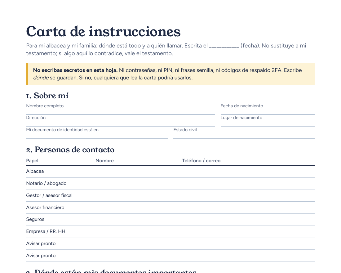 Primera página de la plantilla de carta de instrucciones de Afterkey: datos personales, personas de contacto y dónde están los documentos, con líneas para rellenar
