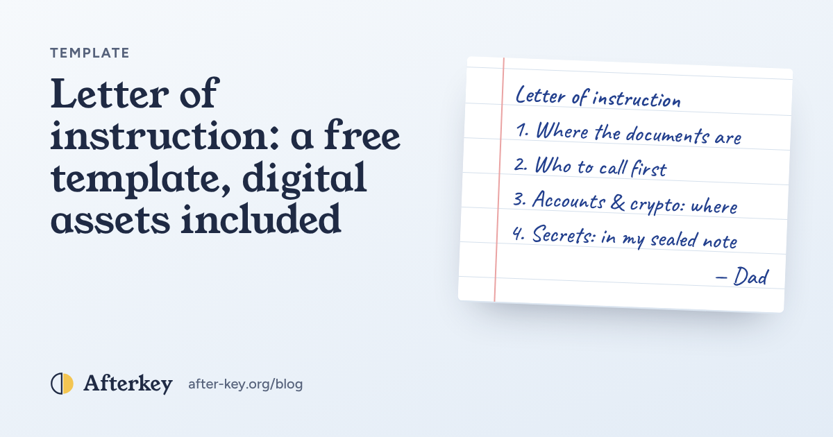 A sheet of lined paper titled Letter of instruction, with sections for documents, people to call and digital assets