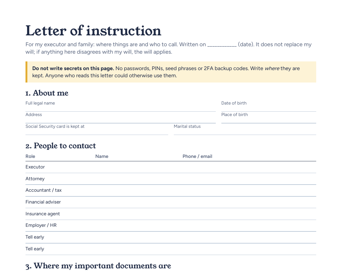 First page of the Afterkey letter of instruction template: sections for personal details, people to contact and where important documents are, with blank lines to fill in